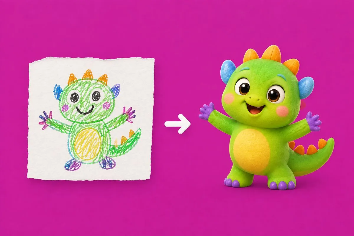 A crayon dragon drawn on paper beside the same character in the app’s art style