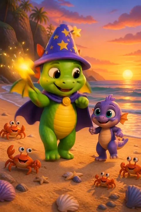 Draco on a sunset beach with a crab and a small purple friend