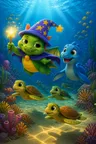 A frame from the Sidd and Draco's Ocean Dance music video: Draco and a blue sea dragon swimming above three sea turtles