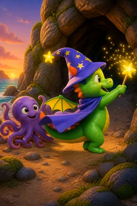 Draco stepping out of a rocky cave beside a purple octopus