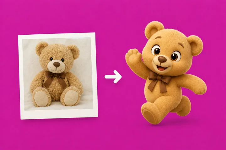 From a photo of a toy: a photograph of a teddy bear turns into a character.