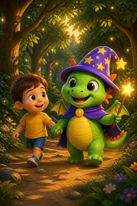 A child and Draco walking a lit forest path at night
