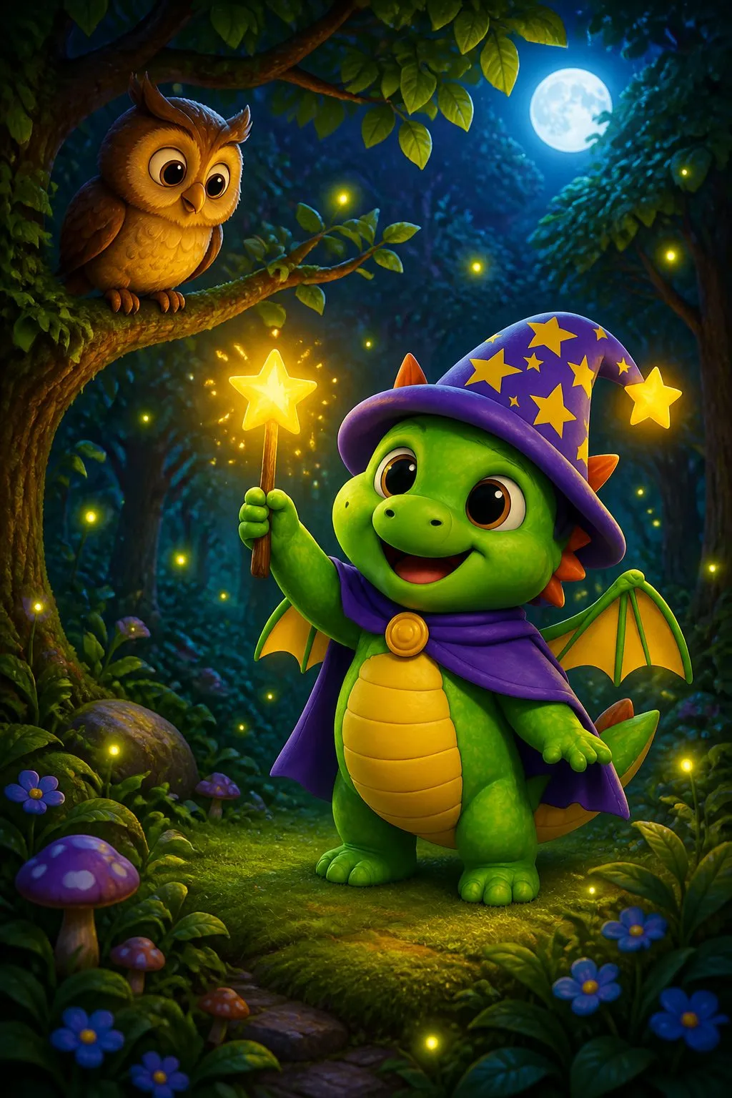Draco holding a glowing star beneath an owl in a moonlit forest