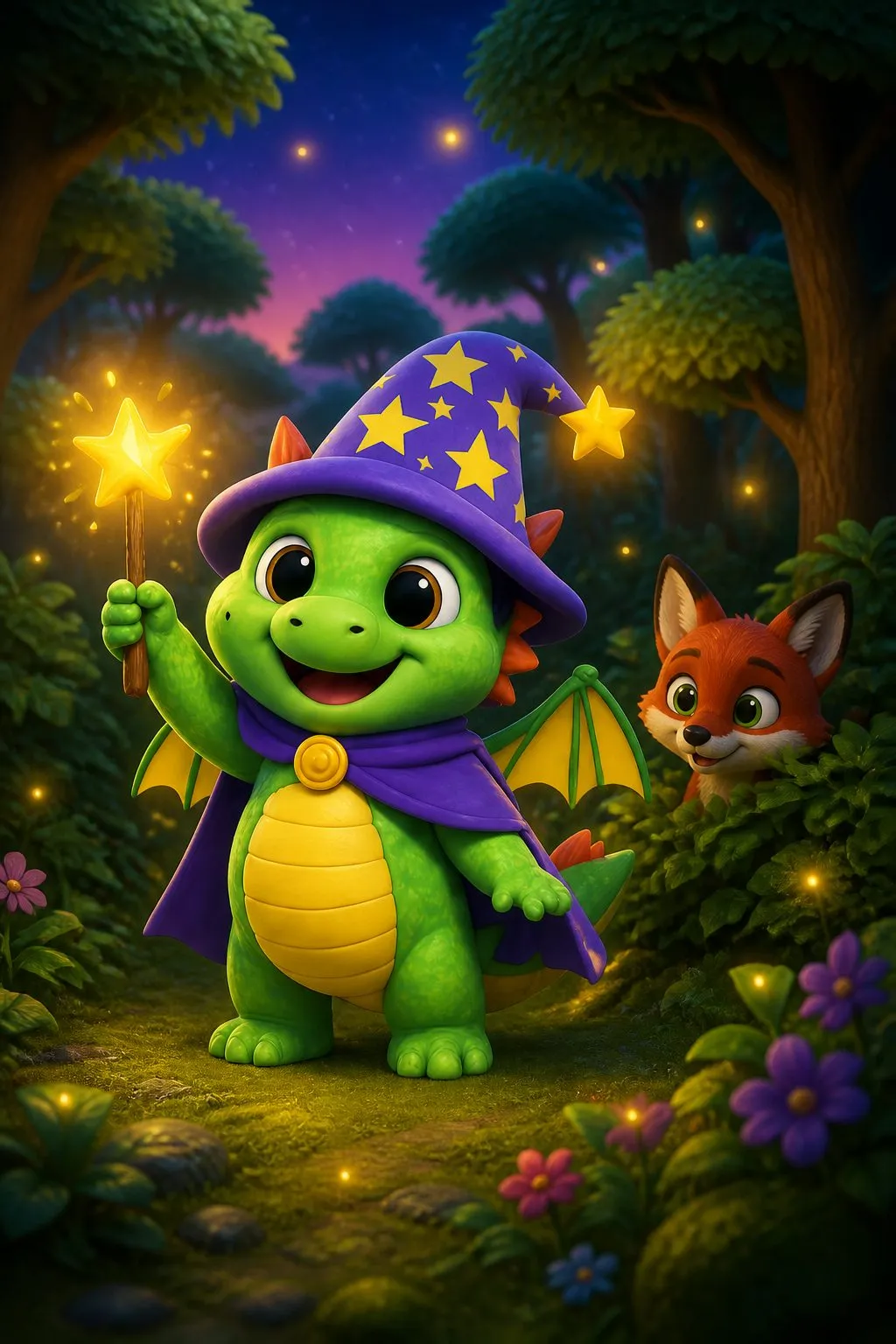 Draco beside a fox at the edge of a night forest