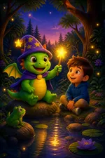 A page from Draco and Sidd's Forest Sound Walk: Draco, a green dragon in a starry wizard hat, raises a glowing star wand beside a child at a twilight pond