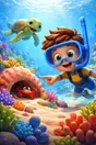 A child pointing at a crab in its coral home on the seabed