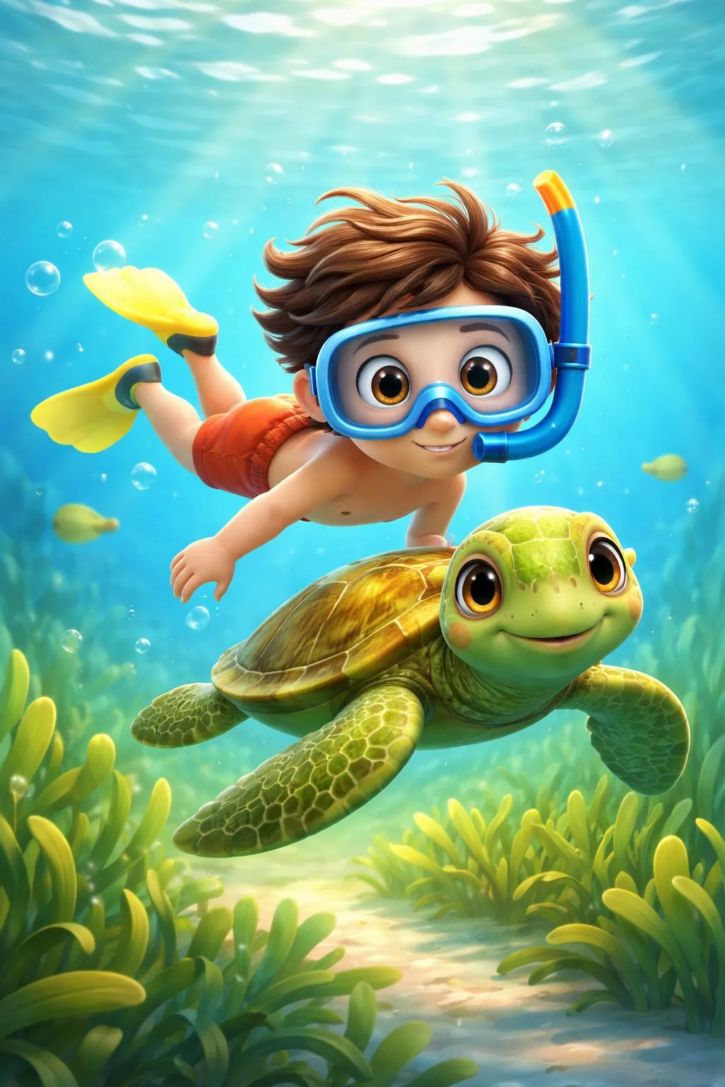 A child swimming with a sea turtle through green seagrass